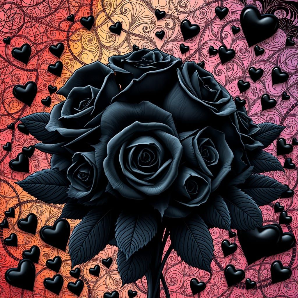 Intricate Black Rose Bouquet with Geometric Patterns