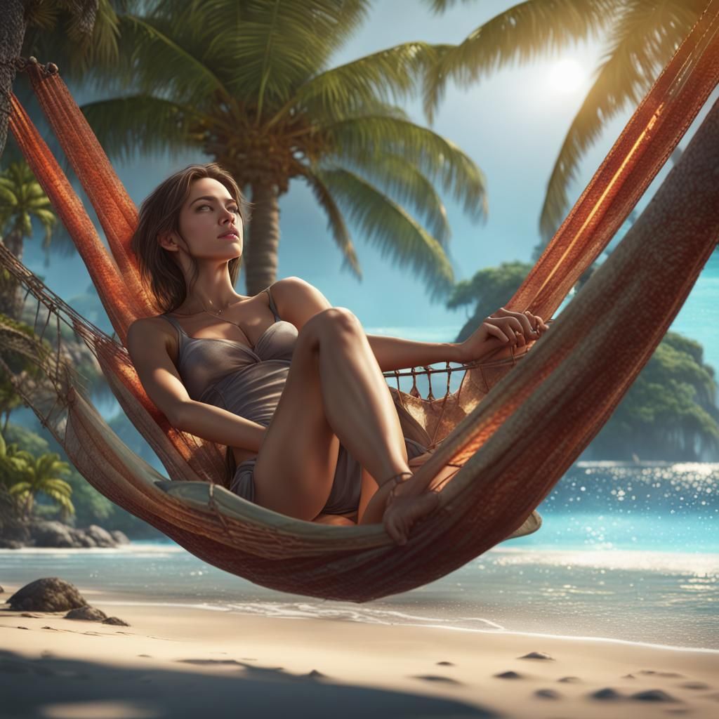 Ethereal Paradise Girl Sways in Hammock against Tropical Sun...