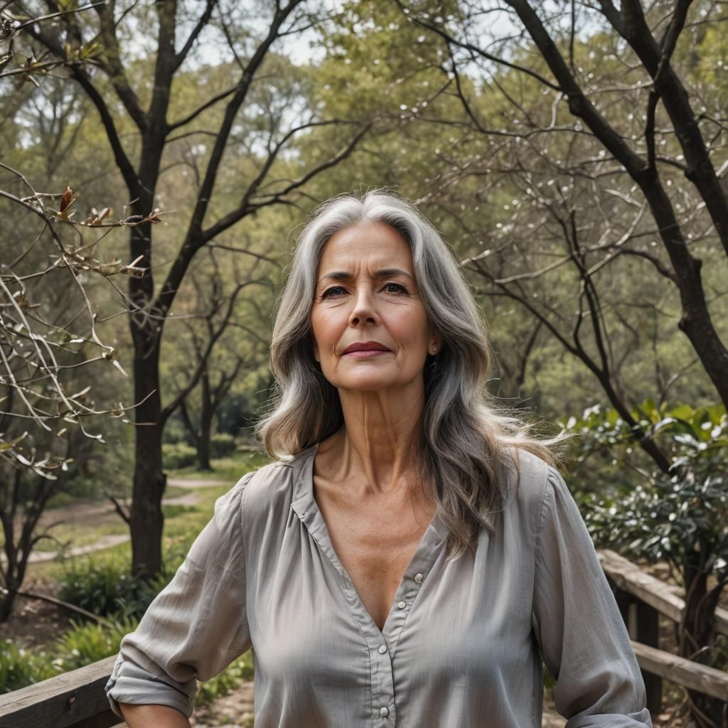 beautfiul middle aged woman with long graying hair, sagging chest, (very low cut blouse:2.2), portrait, outdoors, photor...
