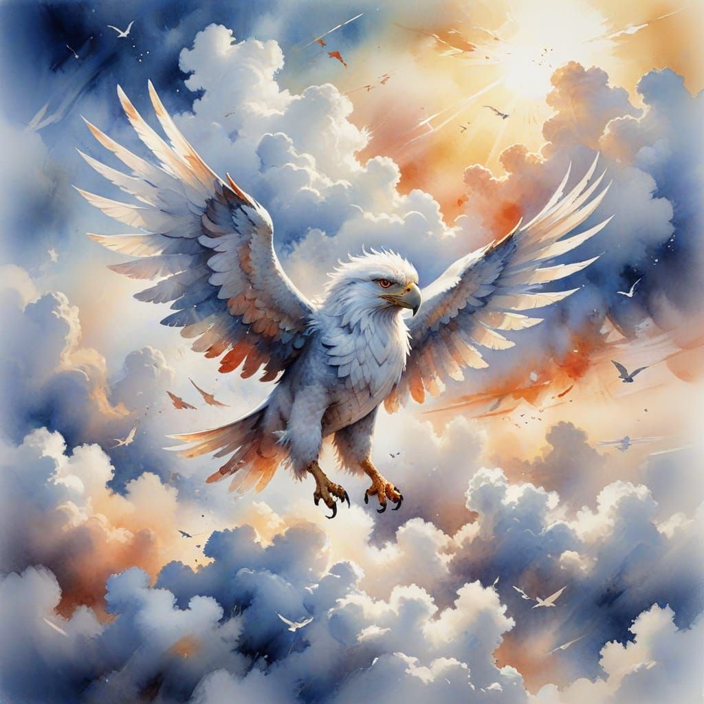 Griffin Soaring Above Clouds in Watercolor Style