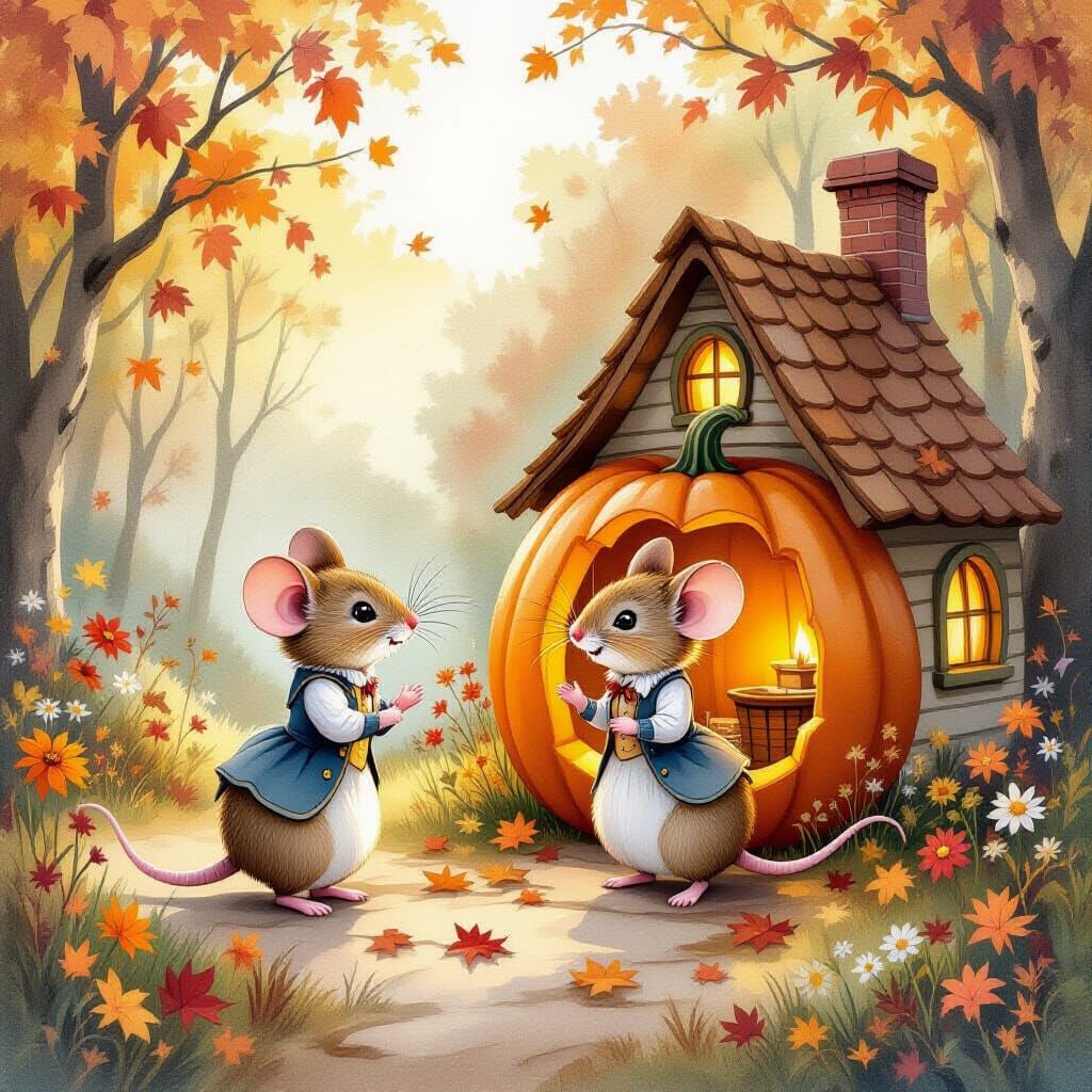 Victorian Mice Greet by Pumpkin House in Autumn Forest