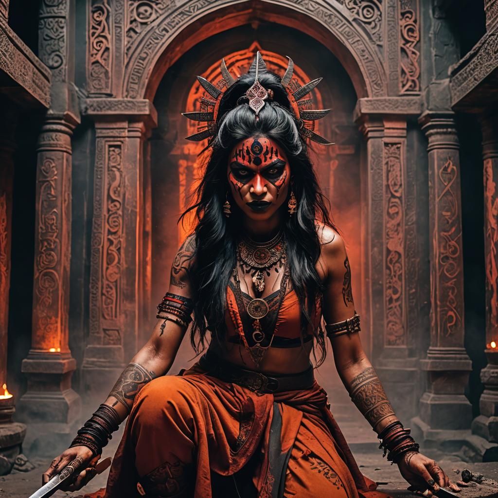 Fierce Indian Sorceress in Dark Temple Attire with Ninja Mas...