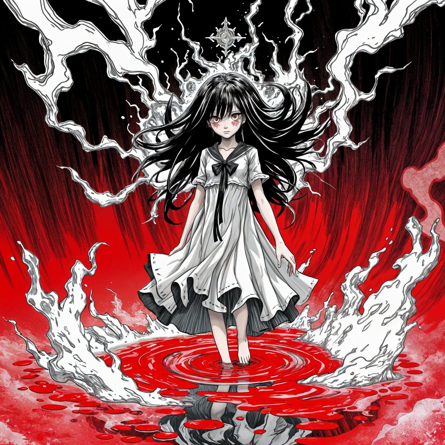 Manga Style Girl in Pool of Blood, Red Shader