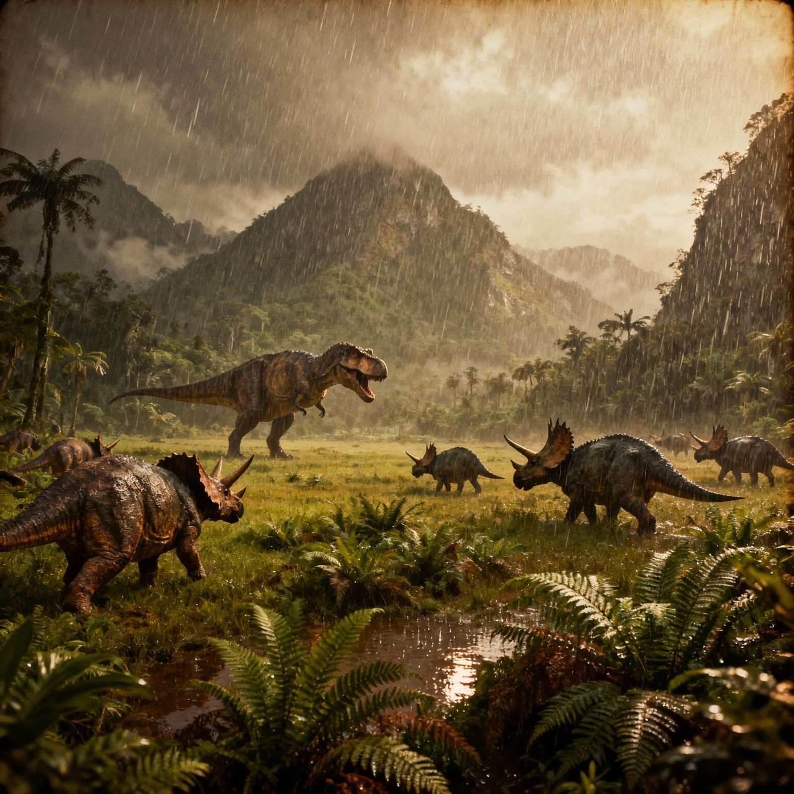 T-Rex Hunts Triceratops in Heavy Rain, Cinematic Style