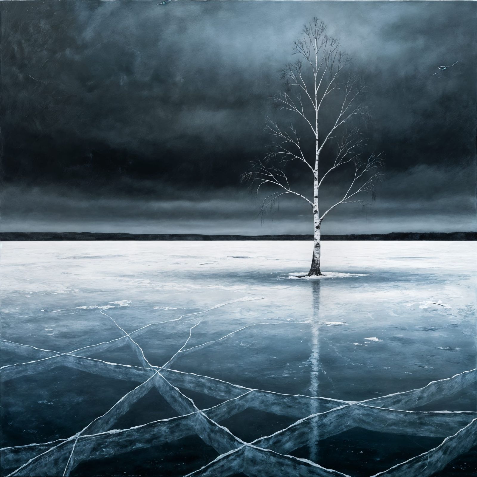 Solitary Birch Tree on Frozen Lake Landscape Painting