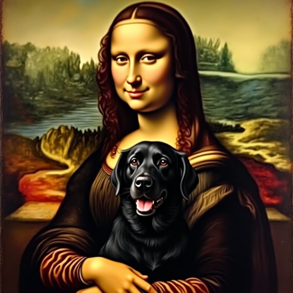 Renaissance Woman Embraces Joyful Labrador