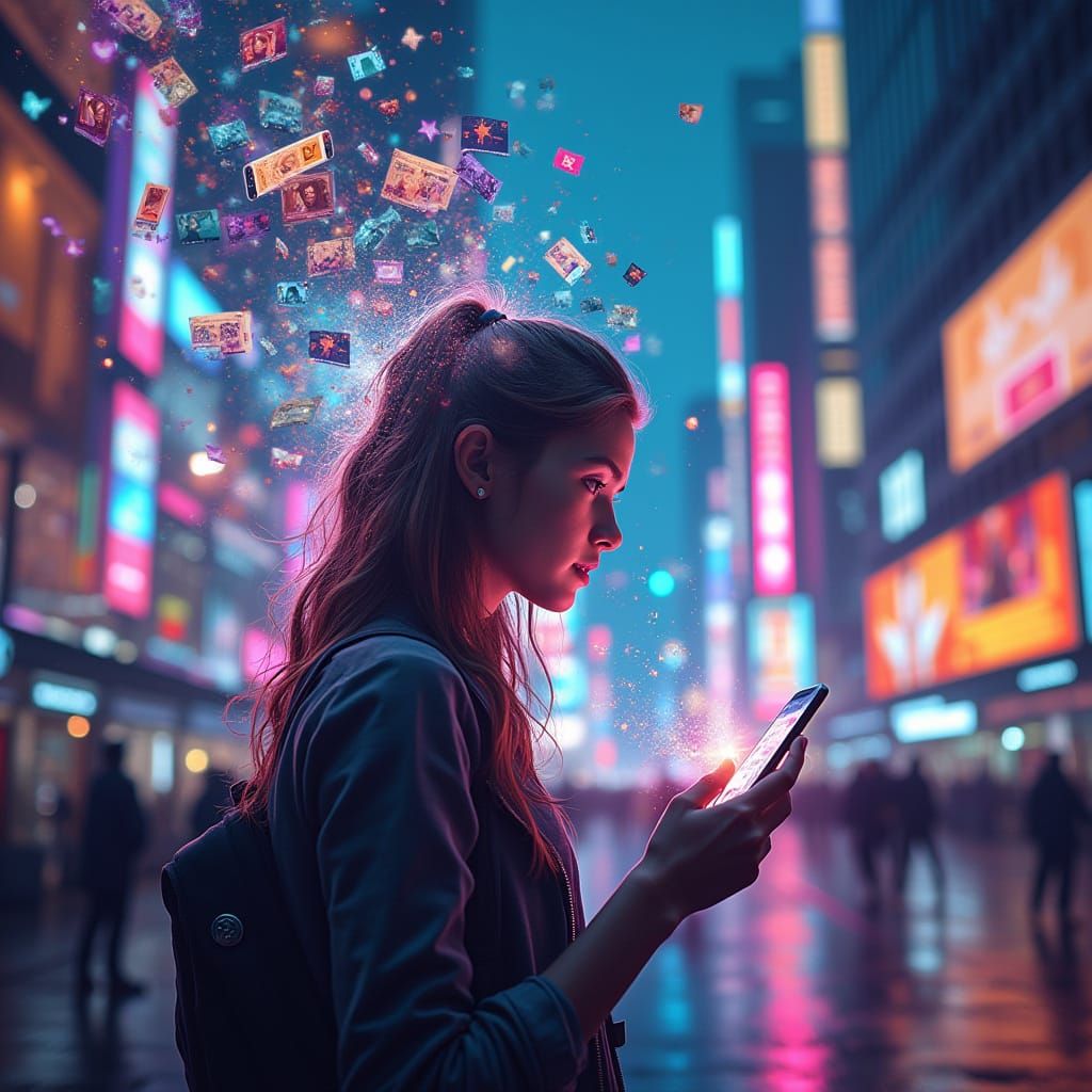 Girl Immersed in Digital World, Futuristic Cityscape