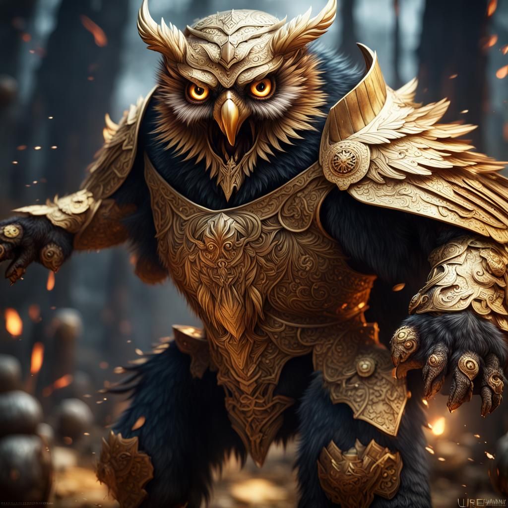 Armored Owlbear Attack in Detailed Matte Painting