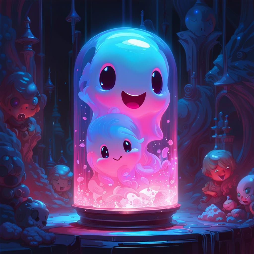 Cute Chibi Ghosts in a Vibrant Lava Lamp Scene