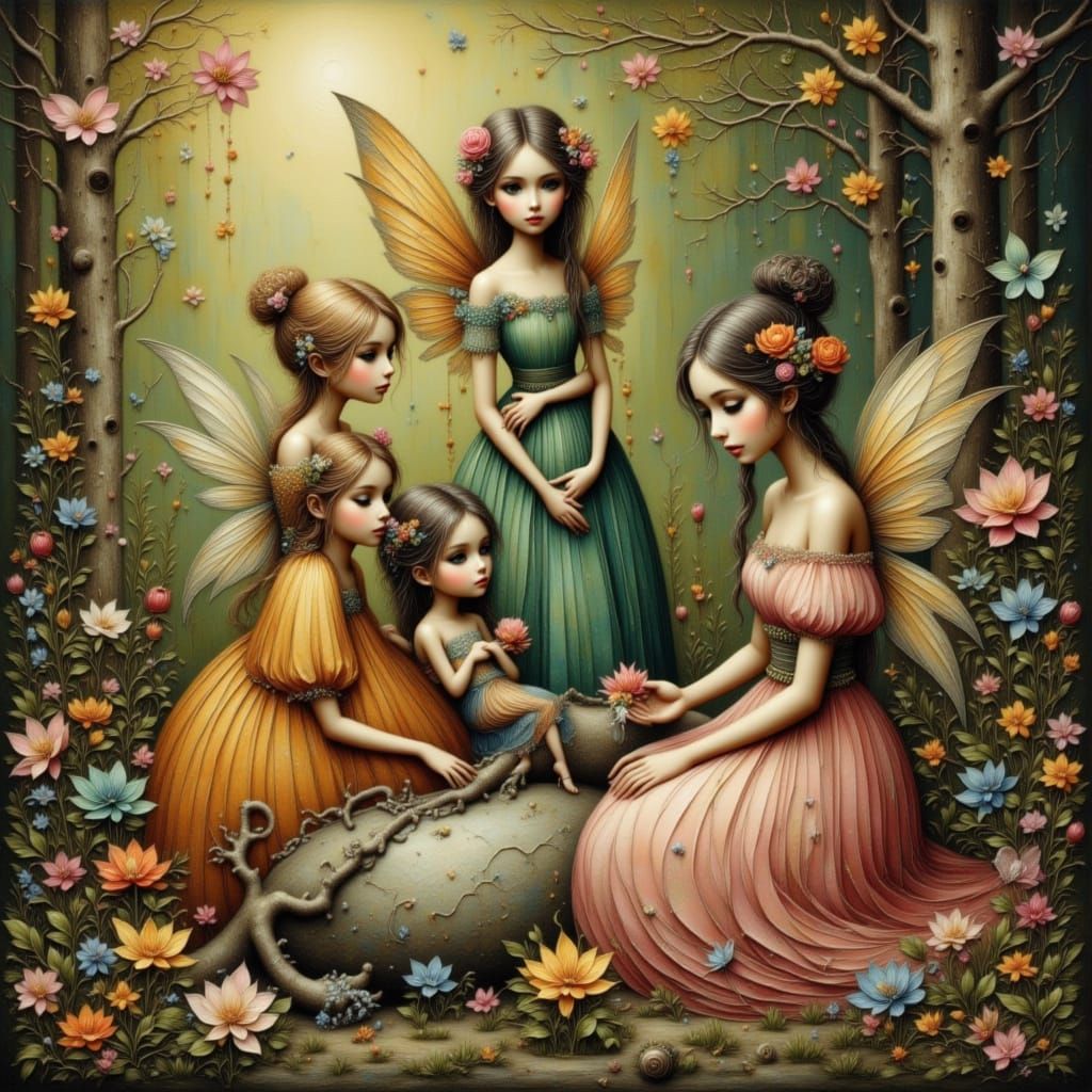 Generations of Fairies in Sun-Dappled Woodland