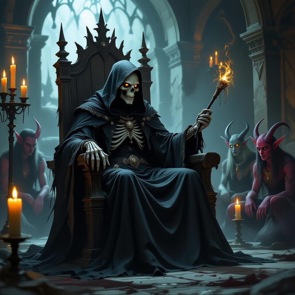 Lich Threatens Tieflings in Dark Fantasy Style