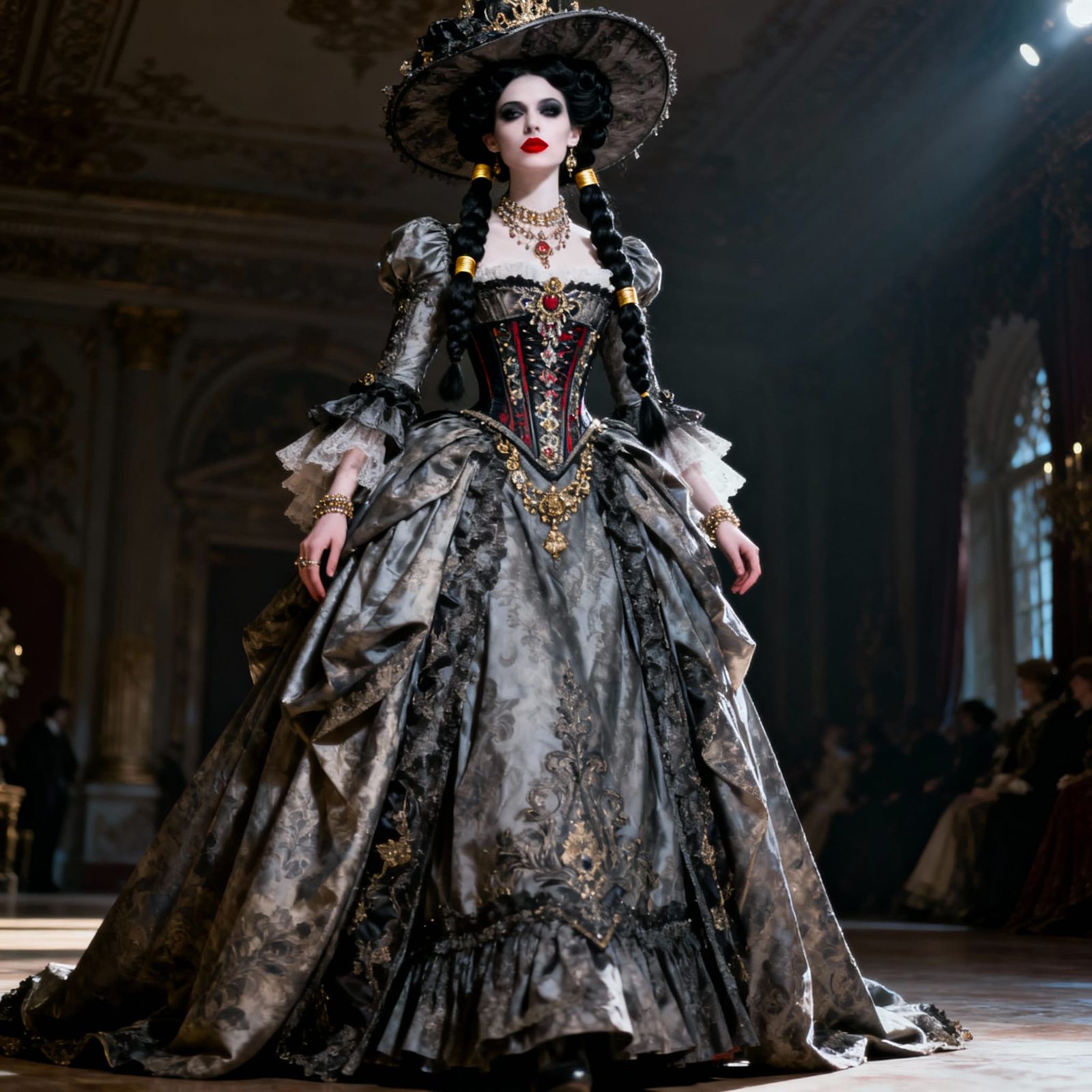 Elegant Victorian Woman in Black Gown with Intricate Details