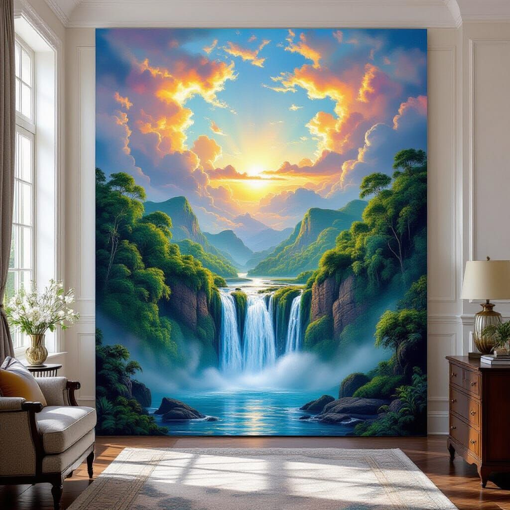 Vibrant Oil Masterpiece: Waterfall from Canvas