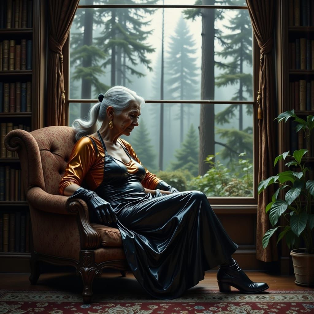 Sad Elderly Woman in Latex Catsuit Gazes Out Window