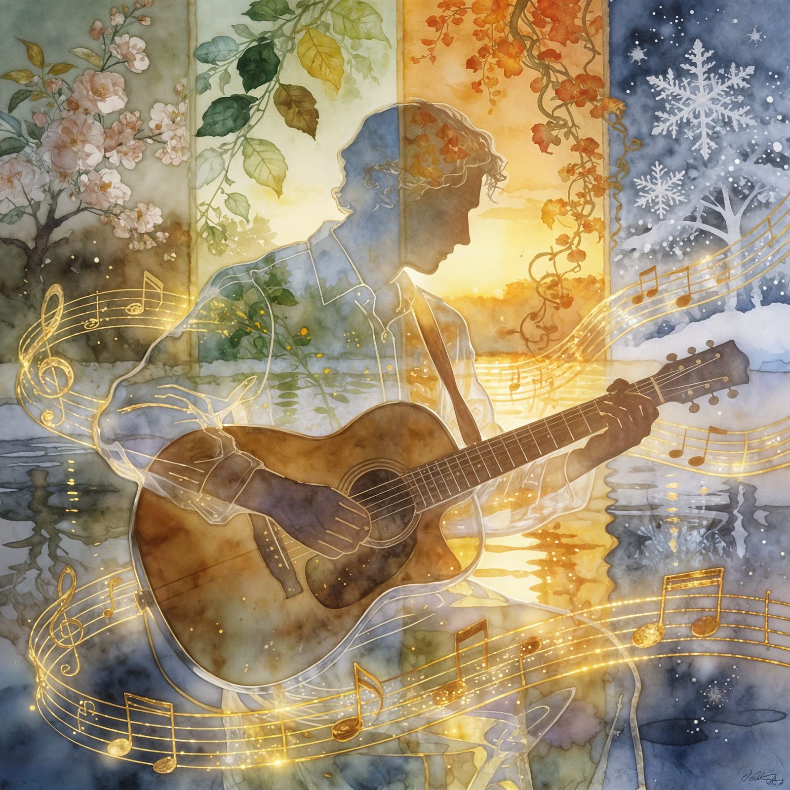Acoustic Guitarist Embodies Four Seasons in Golden Hour