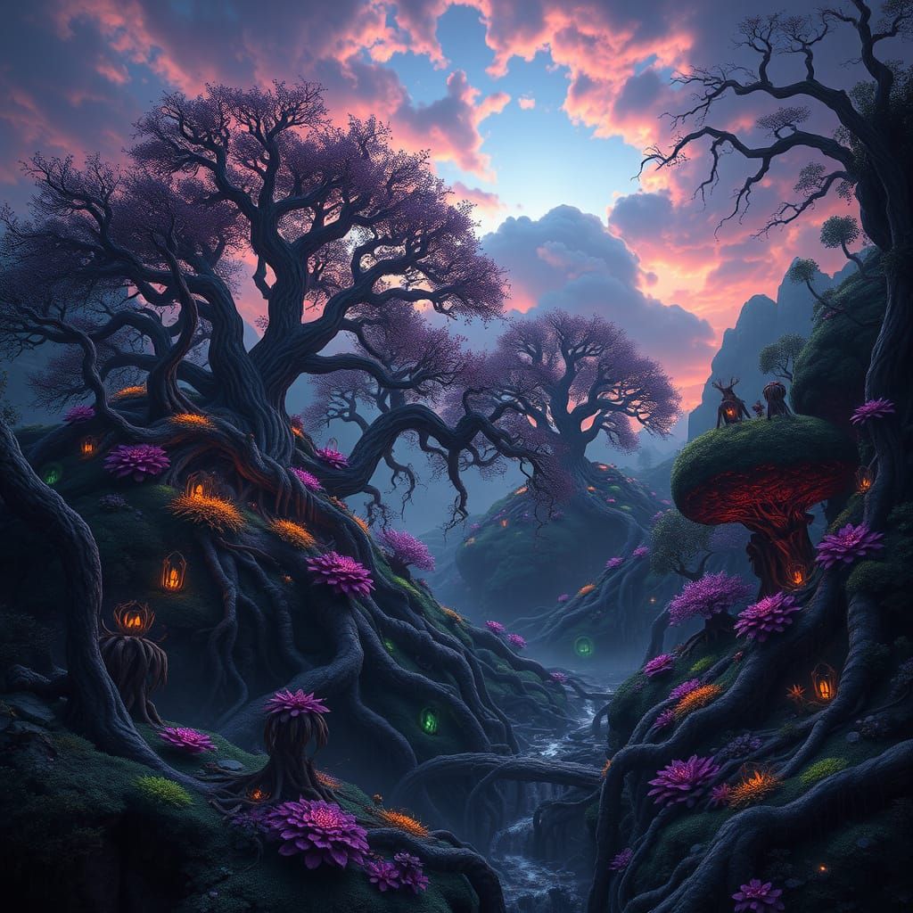 Whimsical Fantasy Realm with Glowing Trees and Iridescent Fl...
