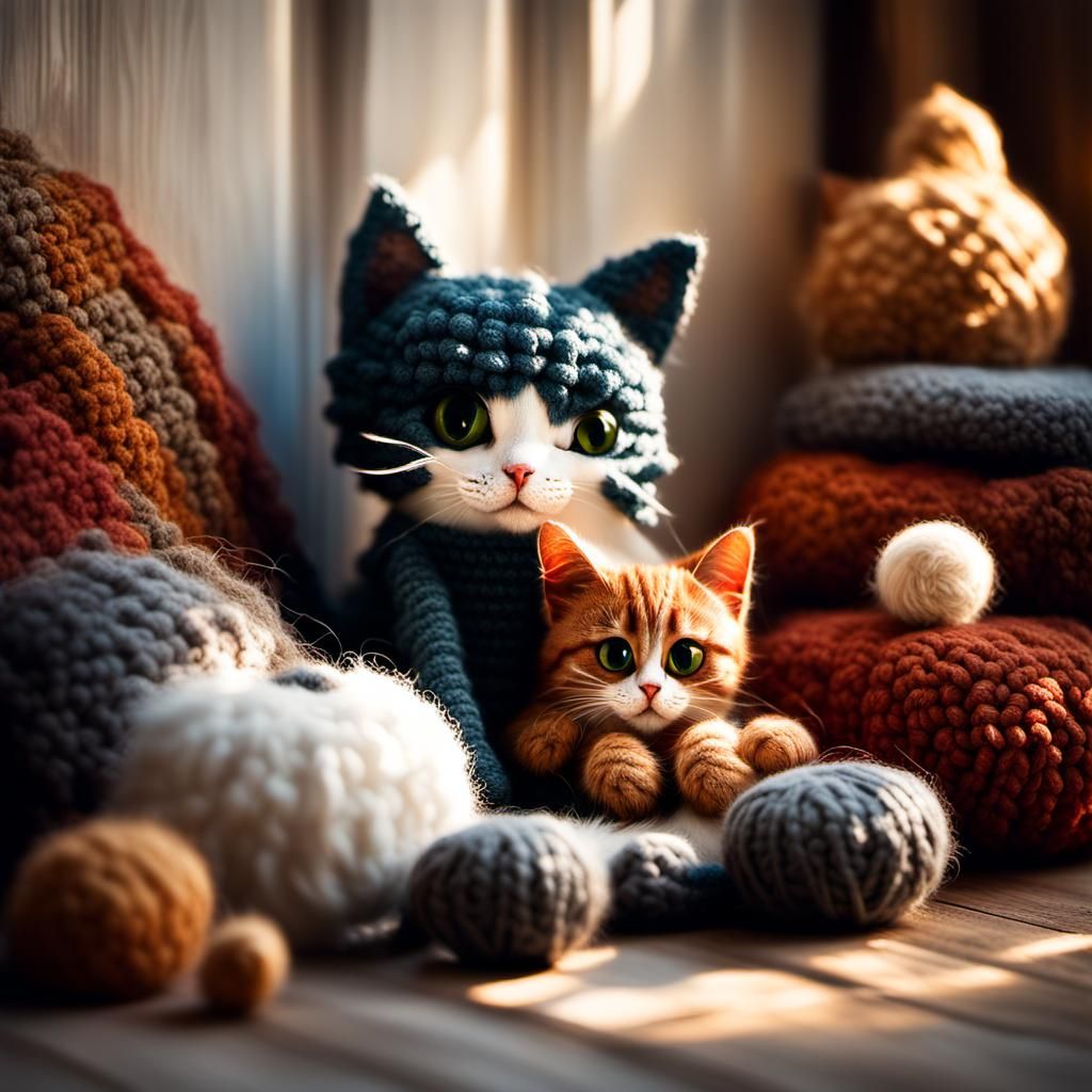 Cozy Kitten's Crochet Companion in Warm, Ambient Light