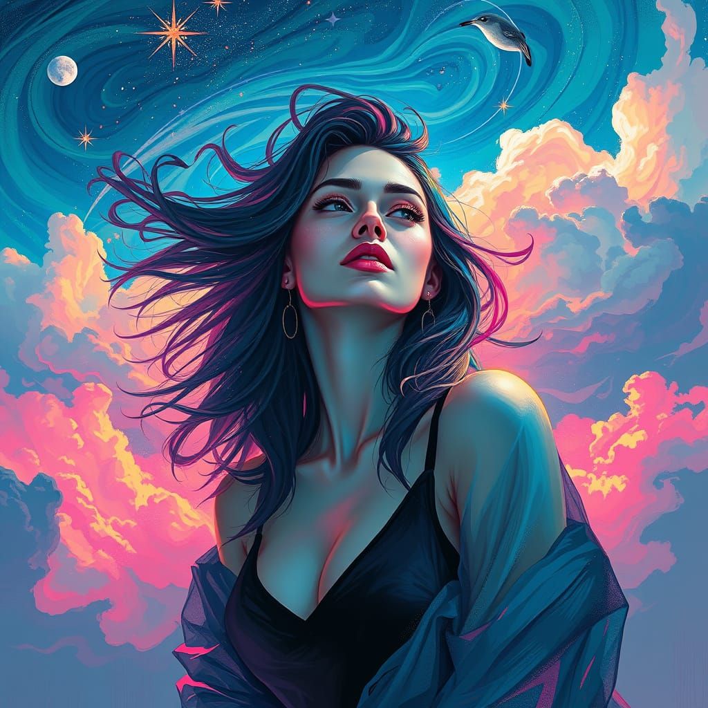 Ethereal Woman in Surreal Landscape with Stardust