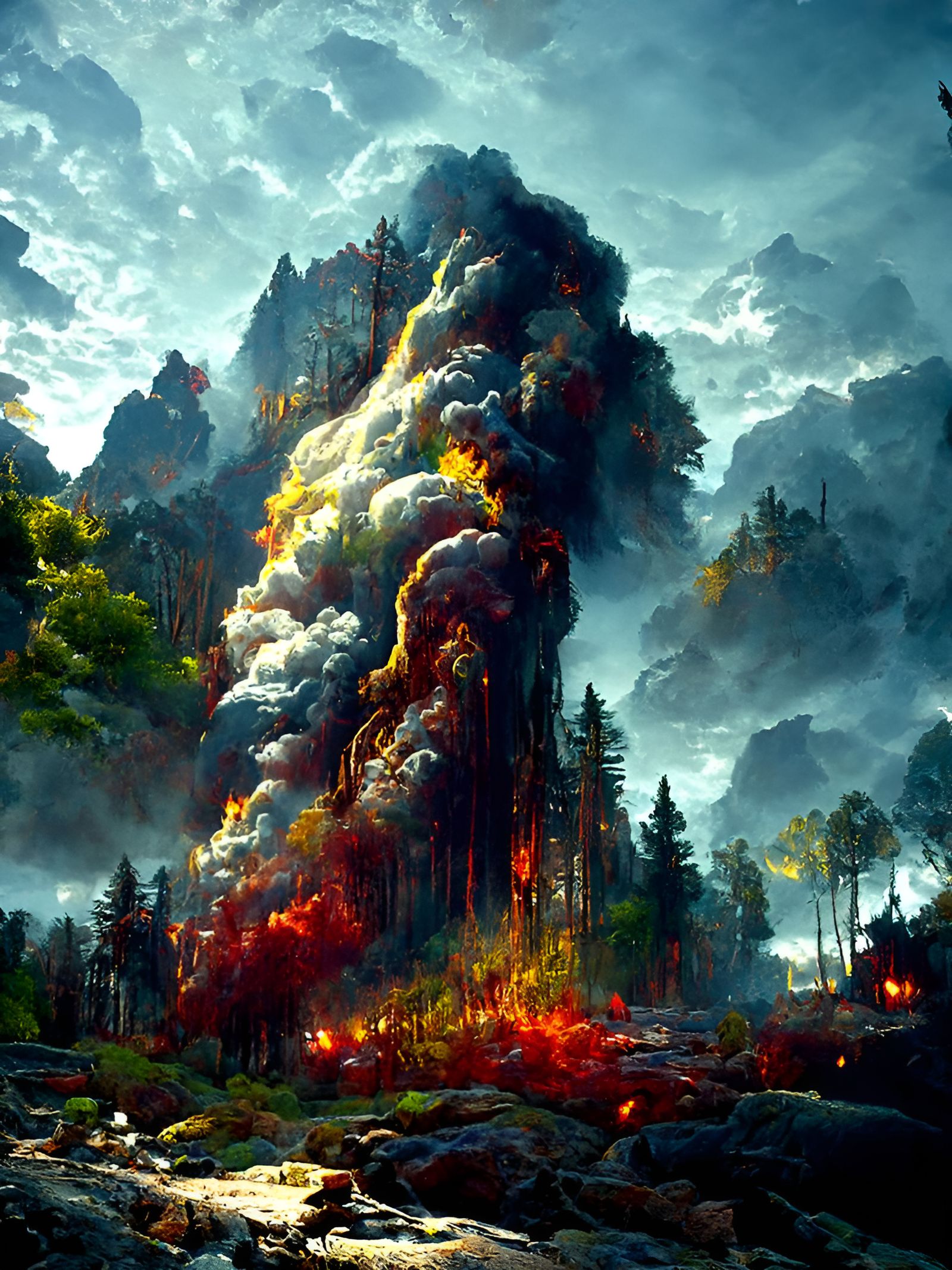Epic Mountain Forest Fire in Hyperrealistic Detail