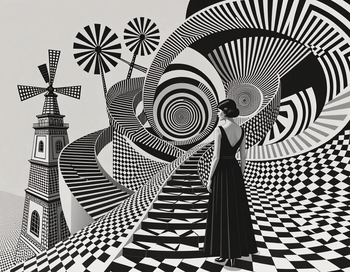 Abstract Geometric Scape with Spirals and Windmills