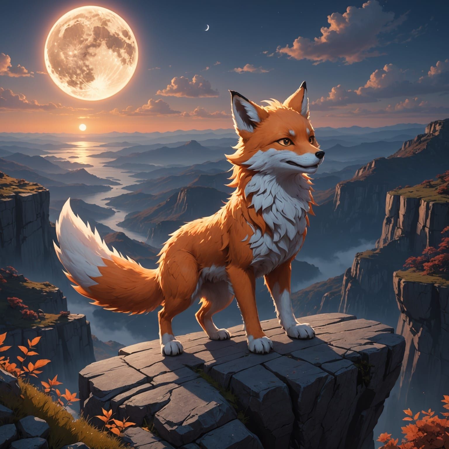 Cute Nine-Tailed Fox in Cyberpunk Aesthetic