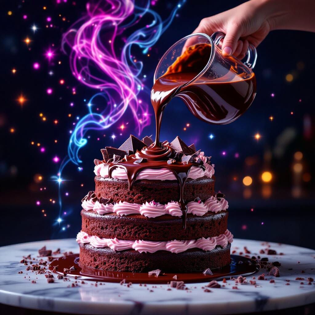 Magical Chocolate Cake Pouring with Neon Swirls