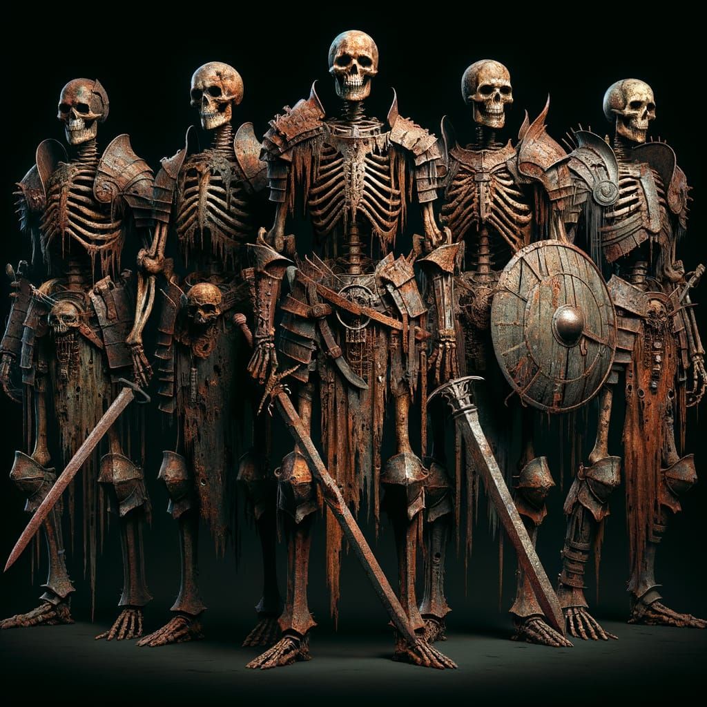 Five Armored Skeleton Warriors in Dark Fantasy Scene