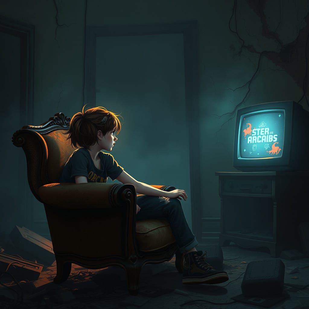 Girl Lost in Post-Apocalyptic Ruin, Surrounded by Pixelated....