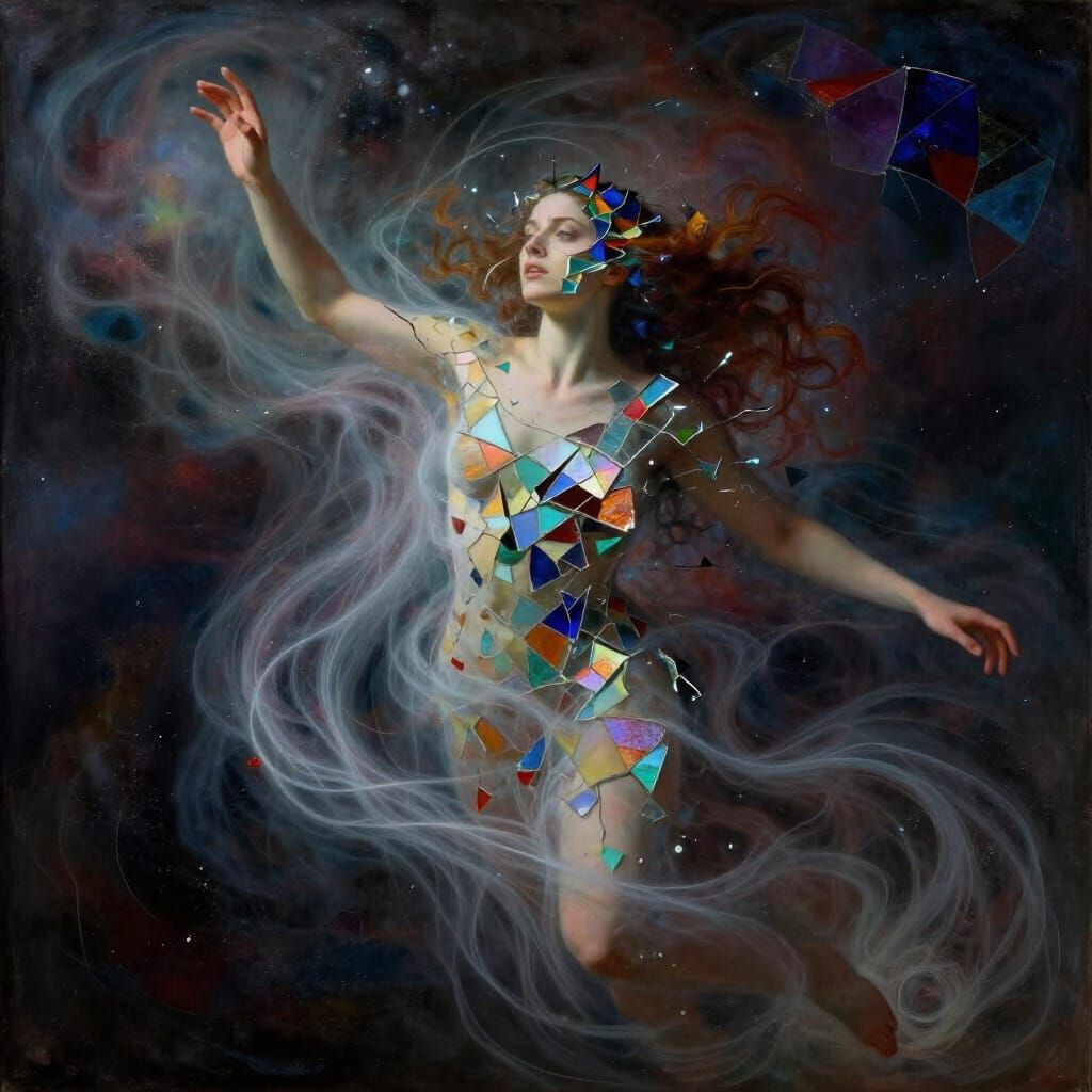 Fragmented Woman Lost in Ethereal Void