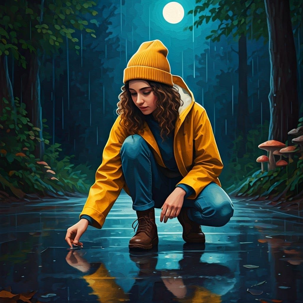 Young Woman Contemplates a Worm in Rainy Night Landscape