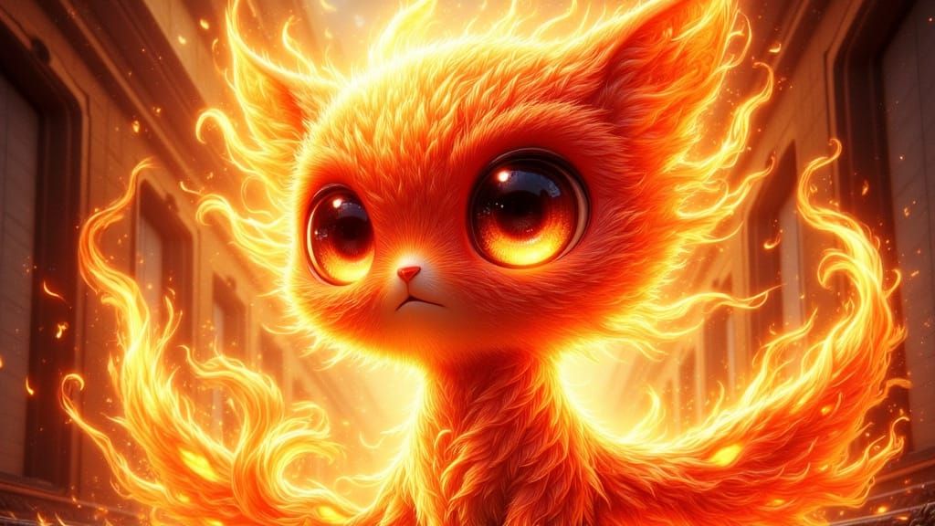Surreal Phoenix of Luminous Flames with Endearing Eyes