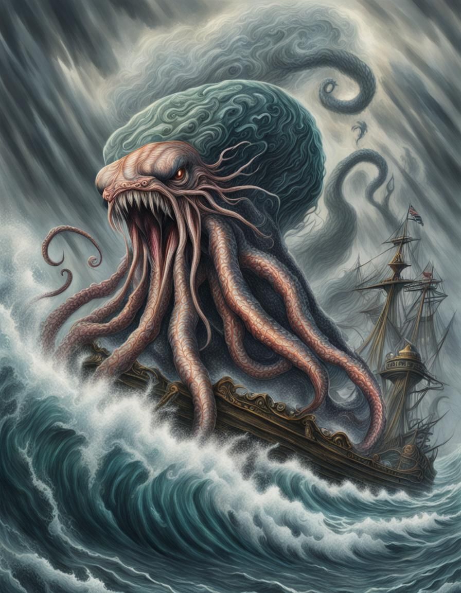 Spectacular Kraken Storm Art in Vivid Colored Pencil Style
