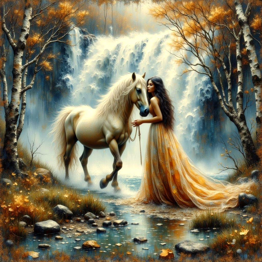 Majestic Horse and Woman Under Waterfall in Encaustic Oil