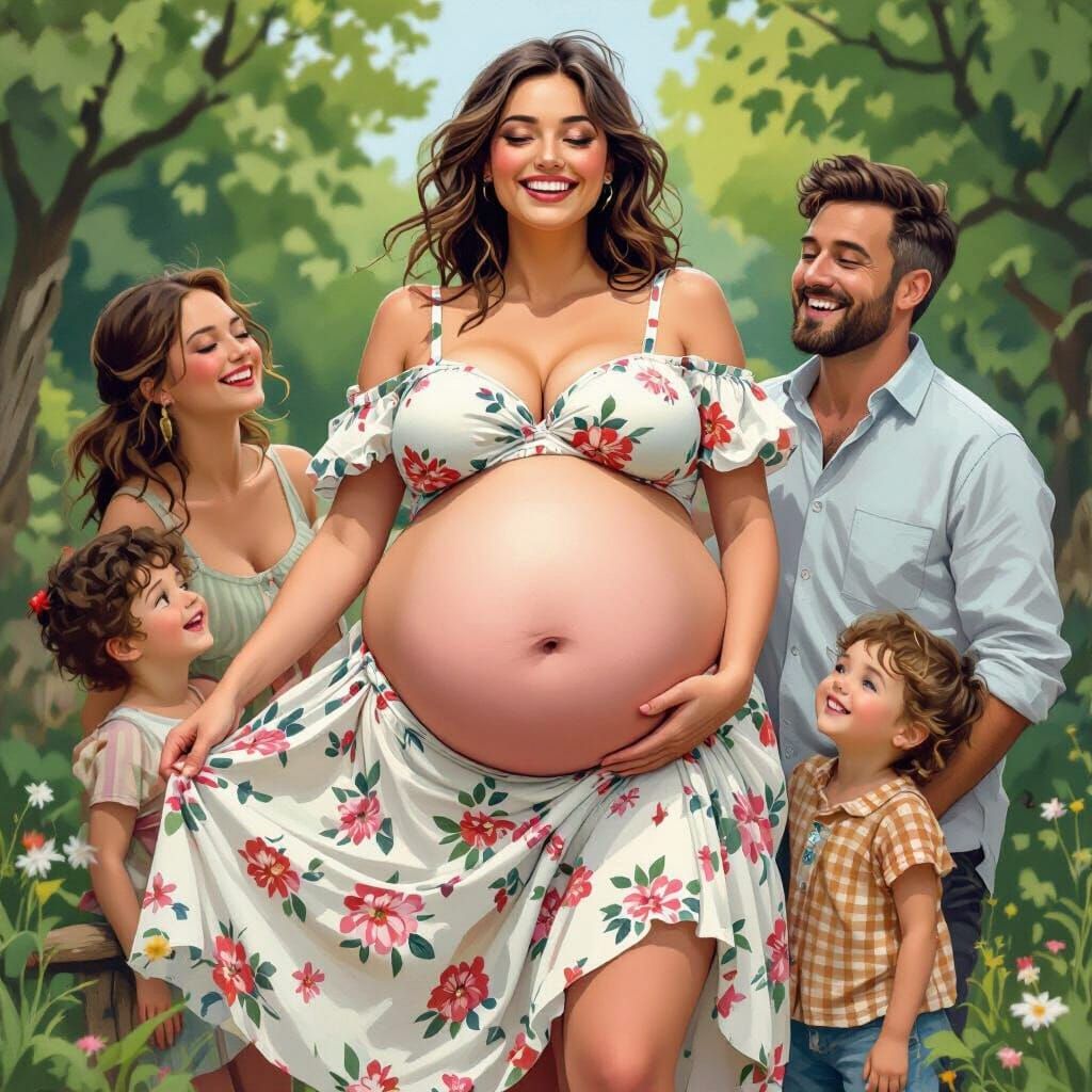 Whimsical Woman with Bare Belly in Countryside