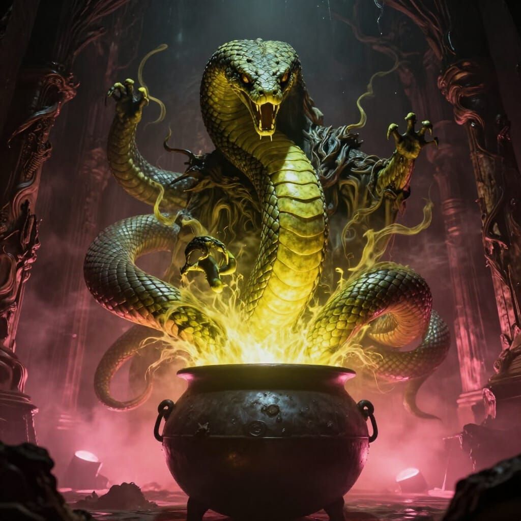 Cauldron Overflows with Glowing Midgard Serpent in Dark Fant...