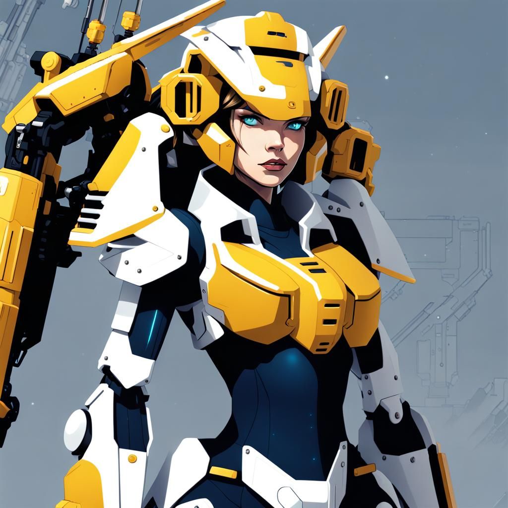 Epic Cyberpunk Mecha Girl with Gatling Guns and Glowing Blue...