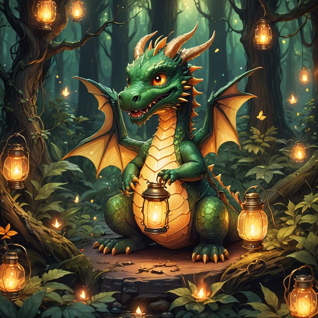 Whimsical Chibi Dragon Lights Up a Dark Forest Scene in Vibr...