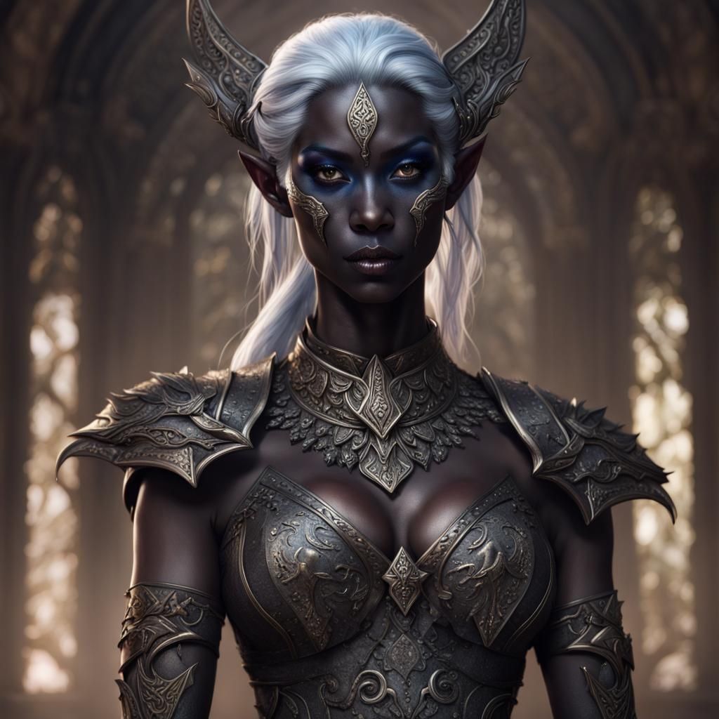 Dark Elf Goddess Radiates Elegance in Shimmering Black Armor