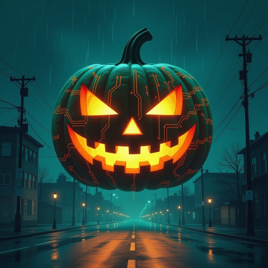 Sentient Circuit Pumpkin Hovers Over Dark City Street