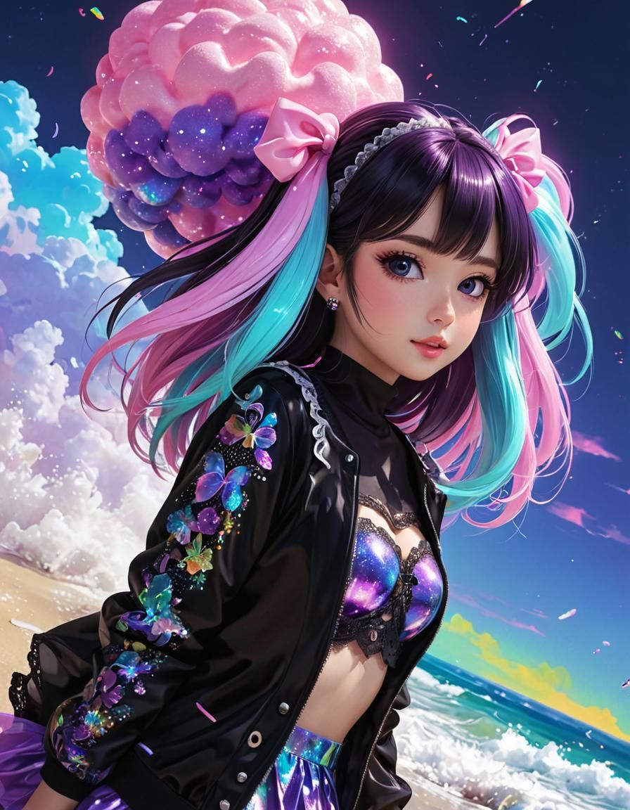 Royal Purple Holographic Beach Scene with Dreamy Clouds