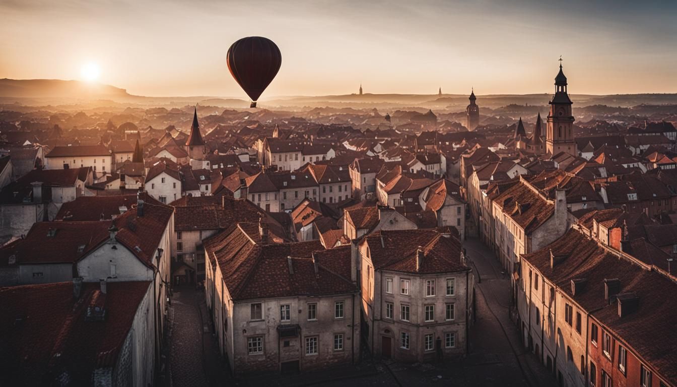 Vintage Hot Air Balloon soars over 19th Century Town