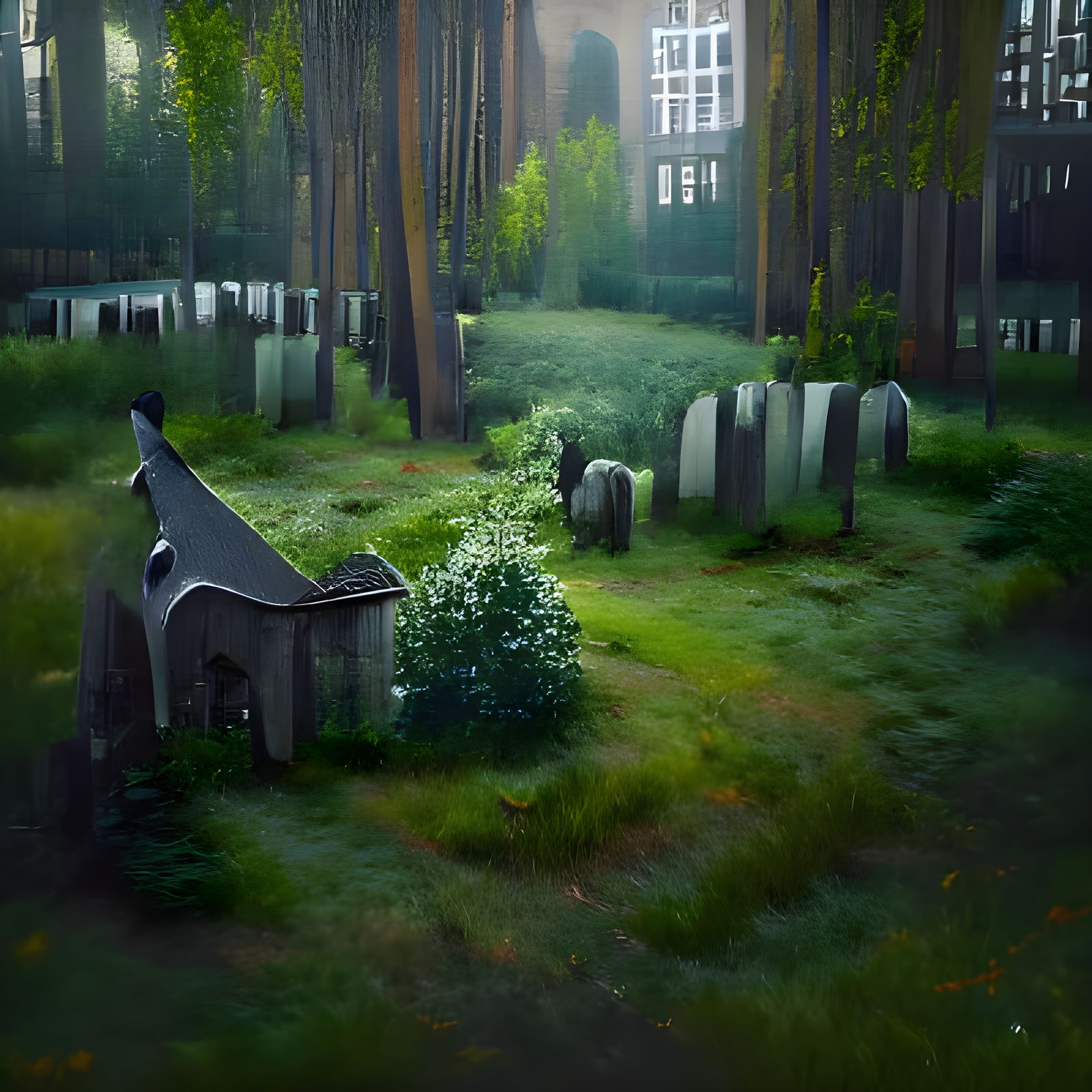 Abandoned Church Yard in Lush Forest Landscape Art