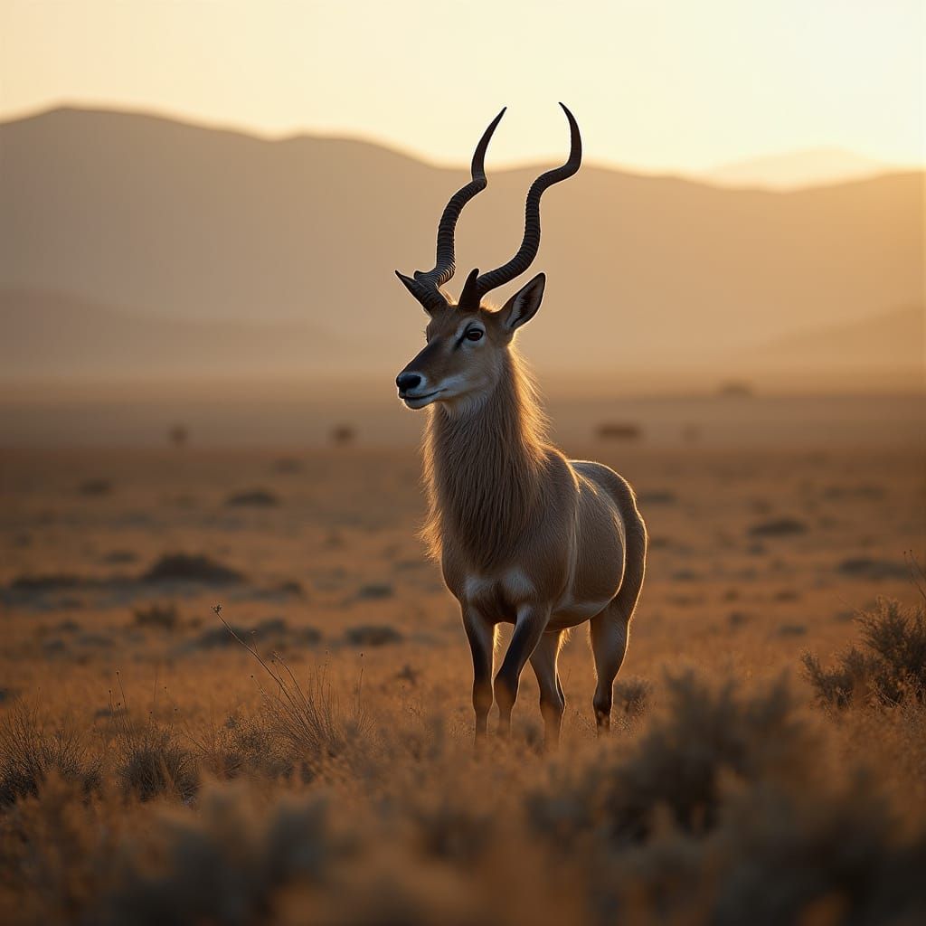 A majestic Saiga Antelope standing in the wide, open plains of Central Asia at dawn #2