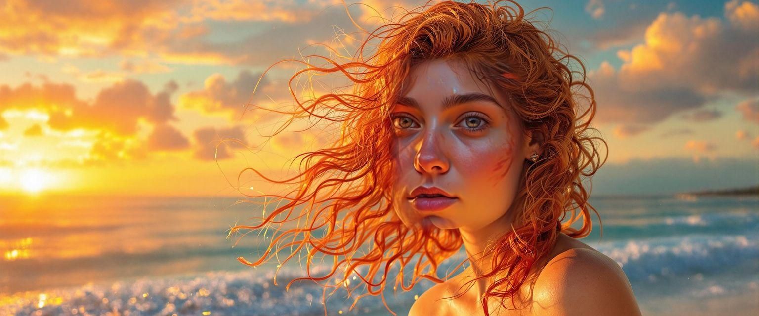 Sultry Portrait of a Red-Haired Woman in Vibrant Colors