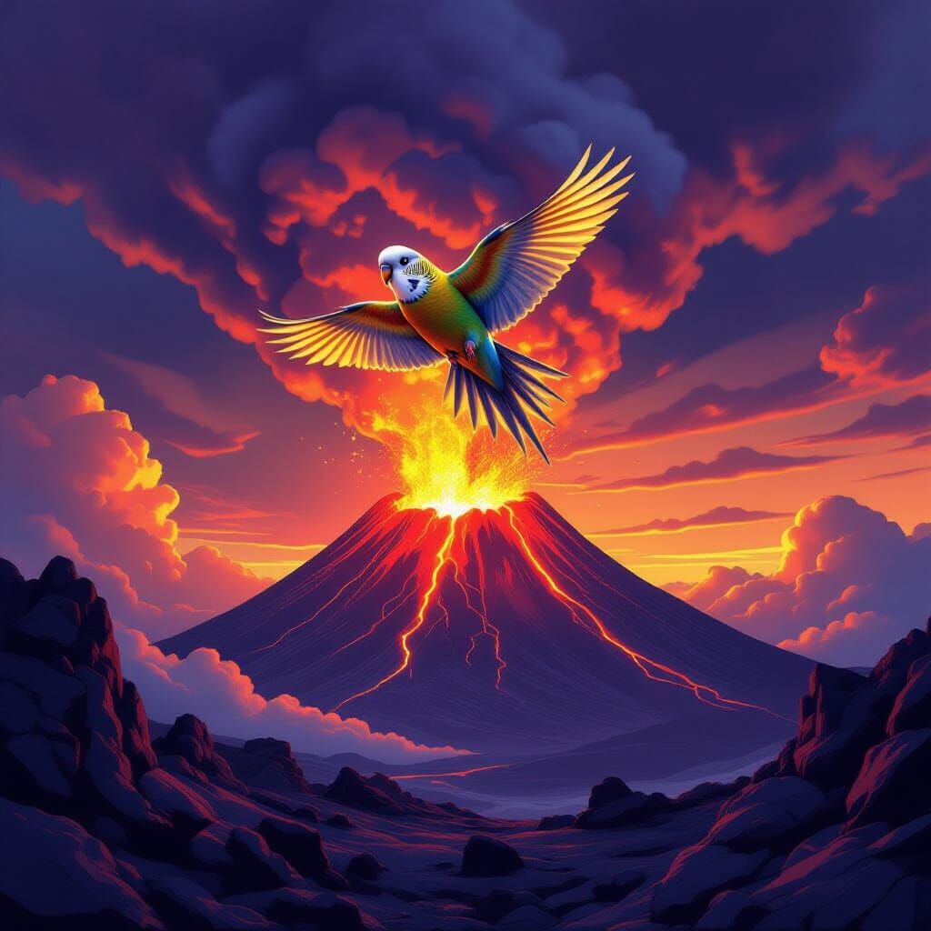 Vibrant Budgie Escapes Smoking Volcano in Dramatic Sky