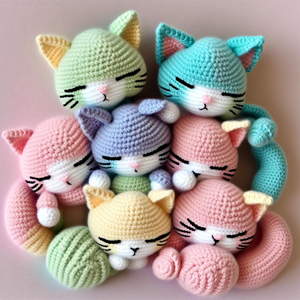 Whimsical Pastel Crochet Kitties Sleep