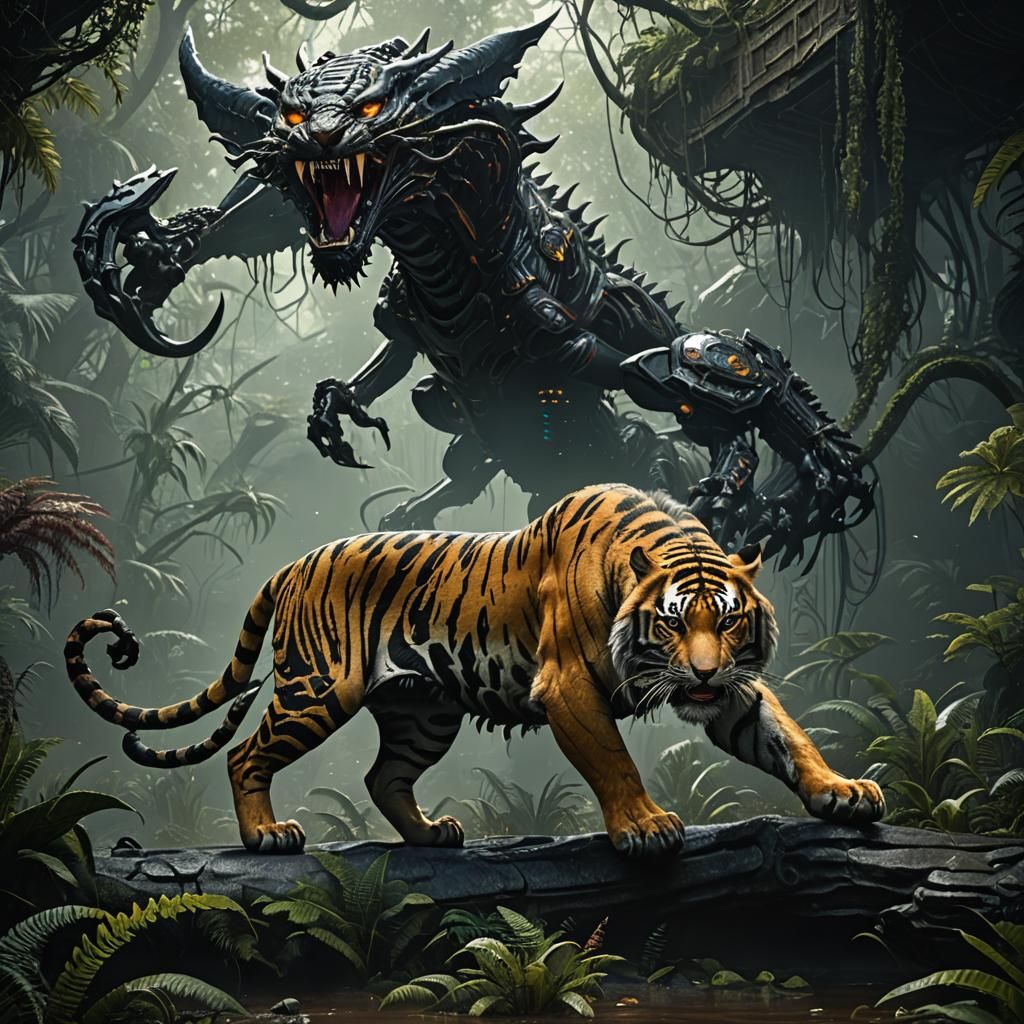 Cyberpunk Tiger Xenomorph in Vibrant Fantasy Landscapes