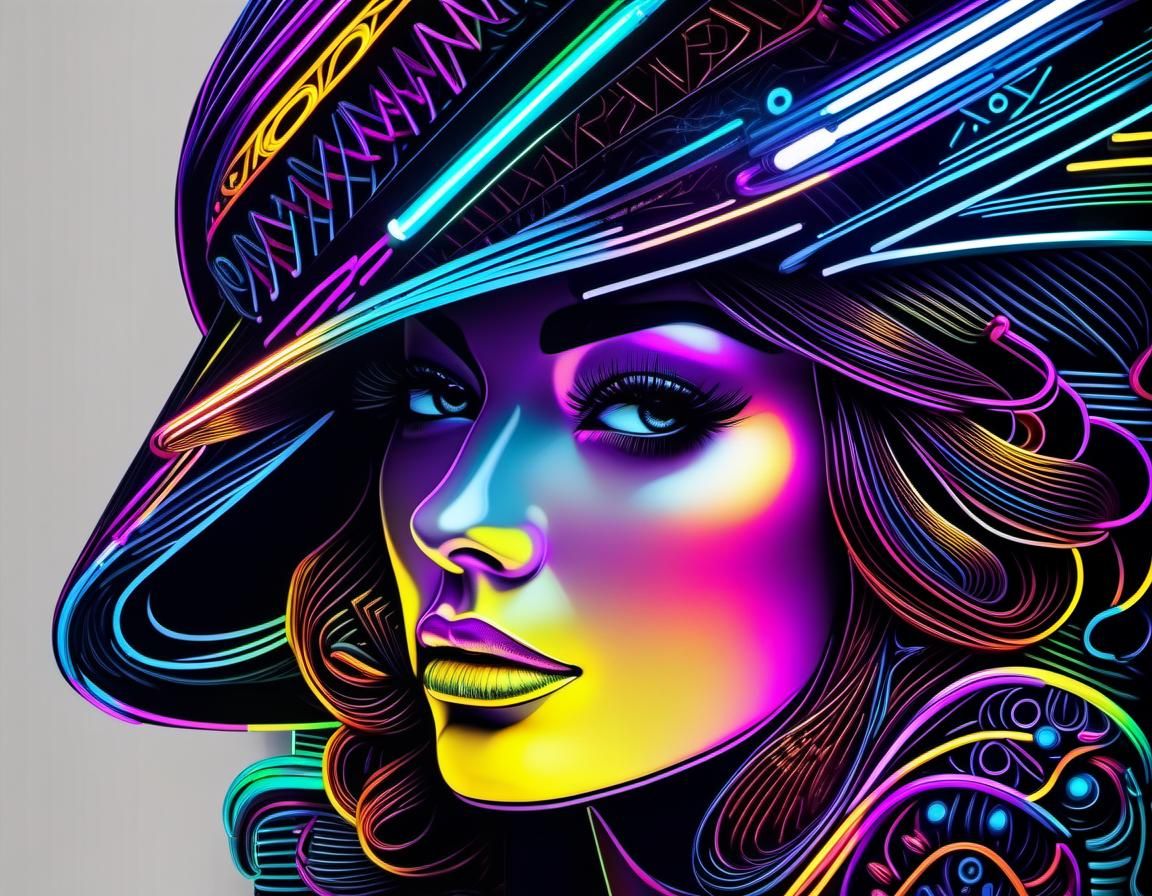 Neon Art Girl on Black Background