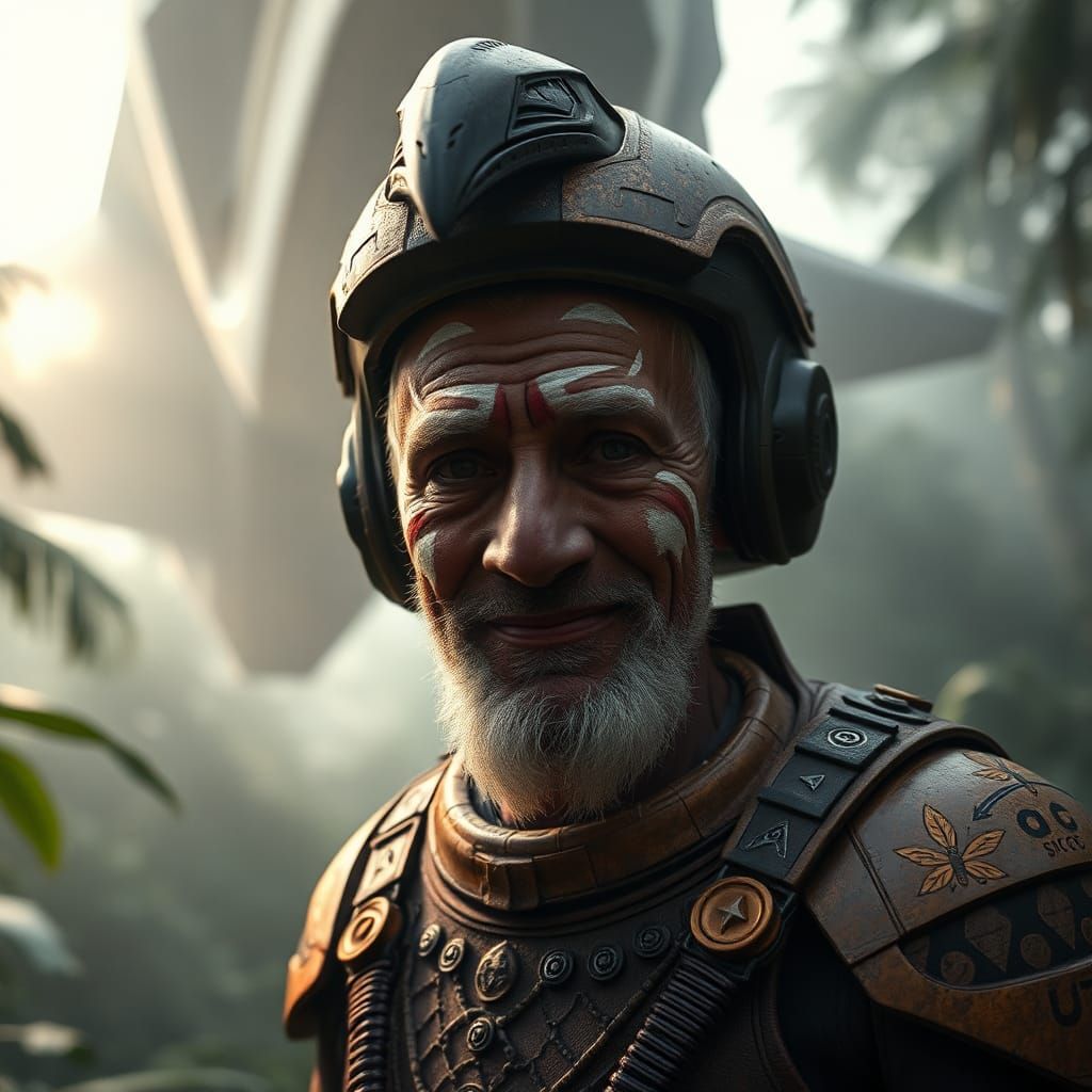 Cyberpunk Aztec Warrior in Rusted Bronze Exosuit, Amidst Jun...