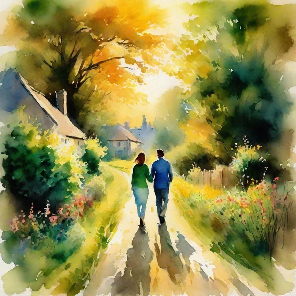 Romantic English Countryside Scene in Dreamy Watercolor Styl...